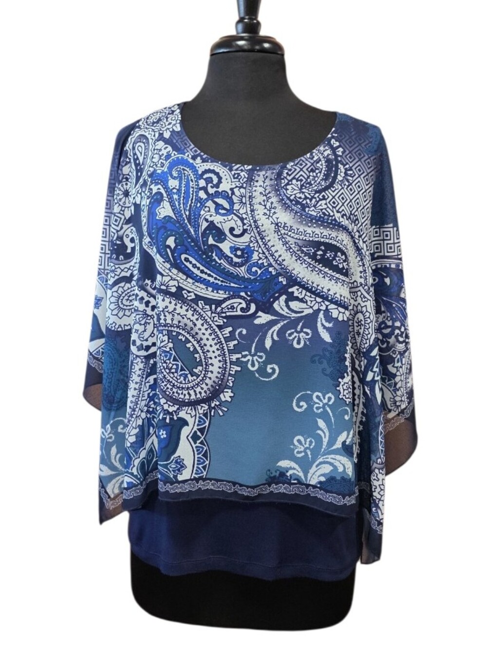 Chico's Poncho Boho Blouse Bling Y2K Yoga Aesthetic Blue Paisley Shift Blouse